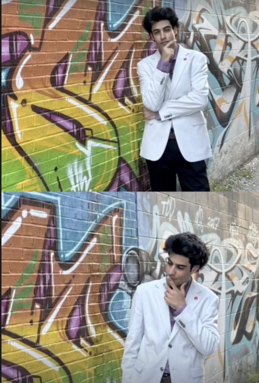 Mustafa Zebuun photographed against a colourful graffiti wall for campaign content